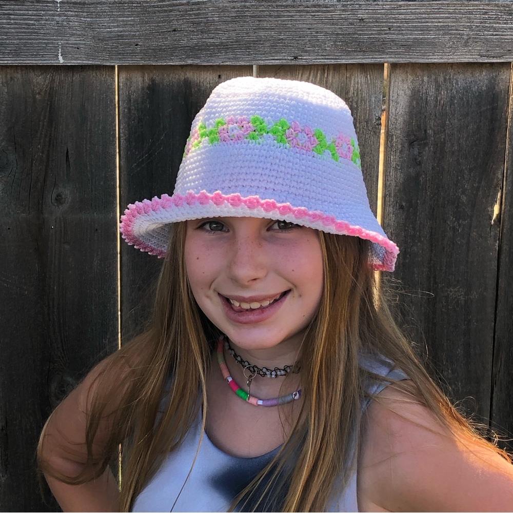 Hand Crocheted Floral Bucket Hat White Pink Green 22 inch circumference